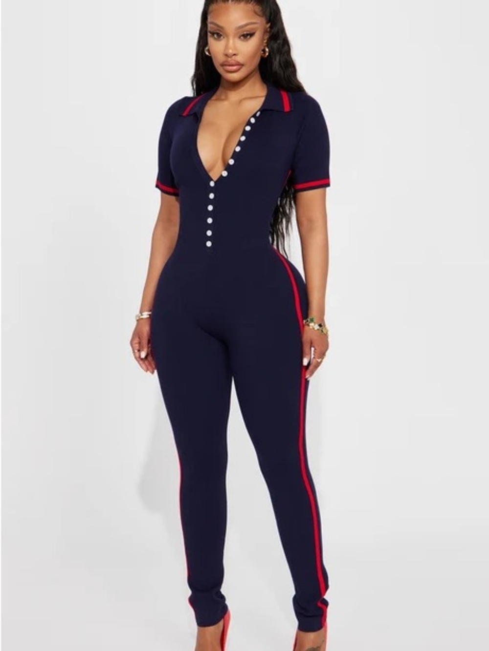 Fashion Nova Navy Jumpsuit with Red Trim
